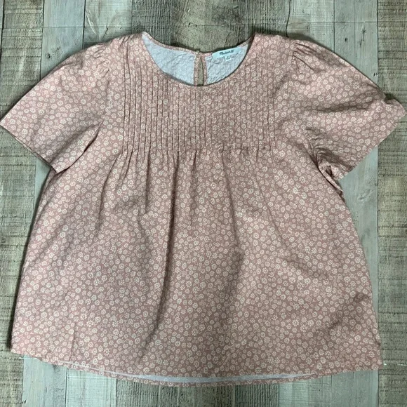 Madewell Parisian Ditsy Short Sleeve Pintuck Pull On Blouse Dusty Pink SZ M - Picture 7 of 10